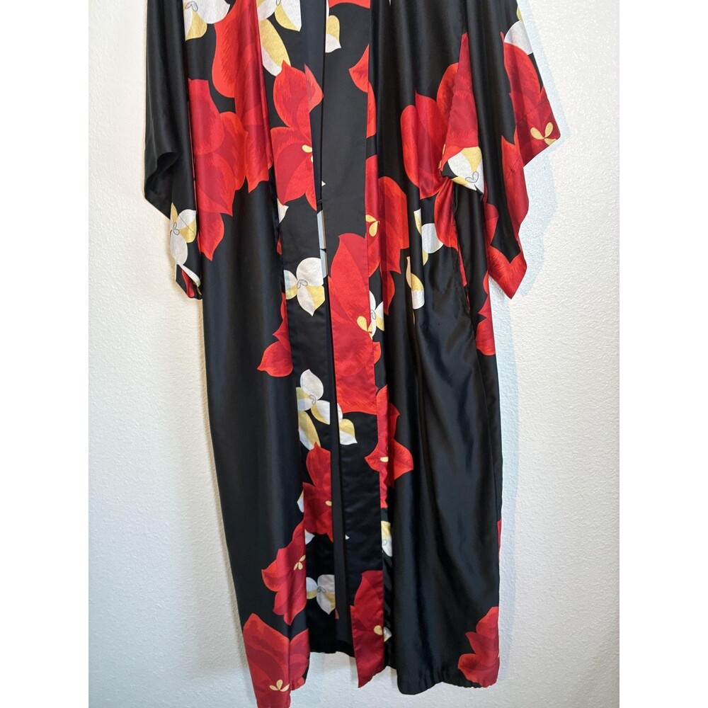Natori Ginza Long Kimono Robe Womens One Size Black Satin Red Floral Lounge - Picture 4 of 15